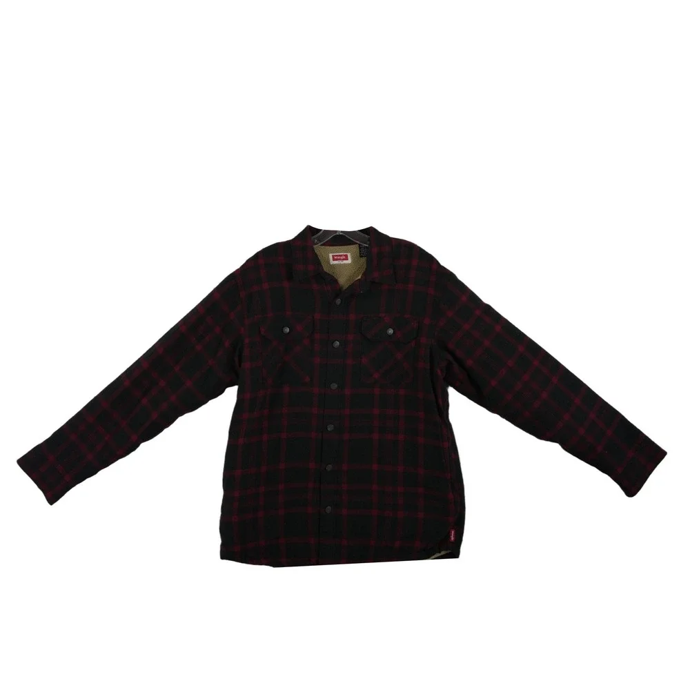 Wrangler Plaid Shirt Jacket Men's Size Medium Red Black Sherpa Lined Flannel